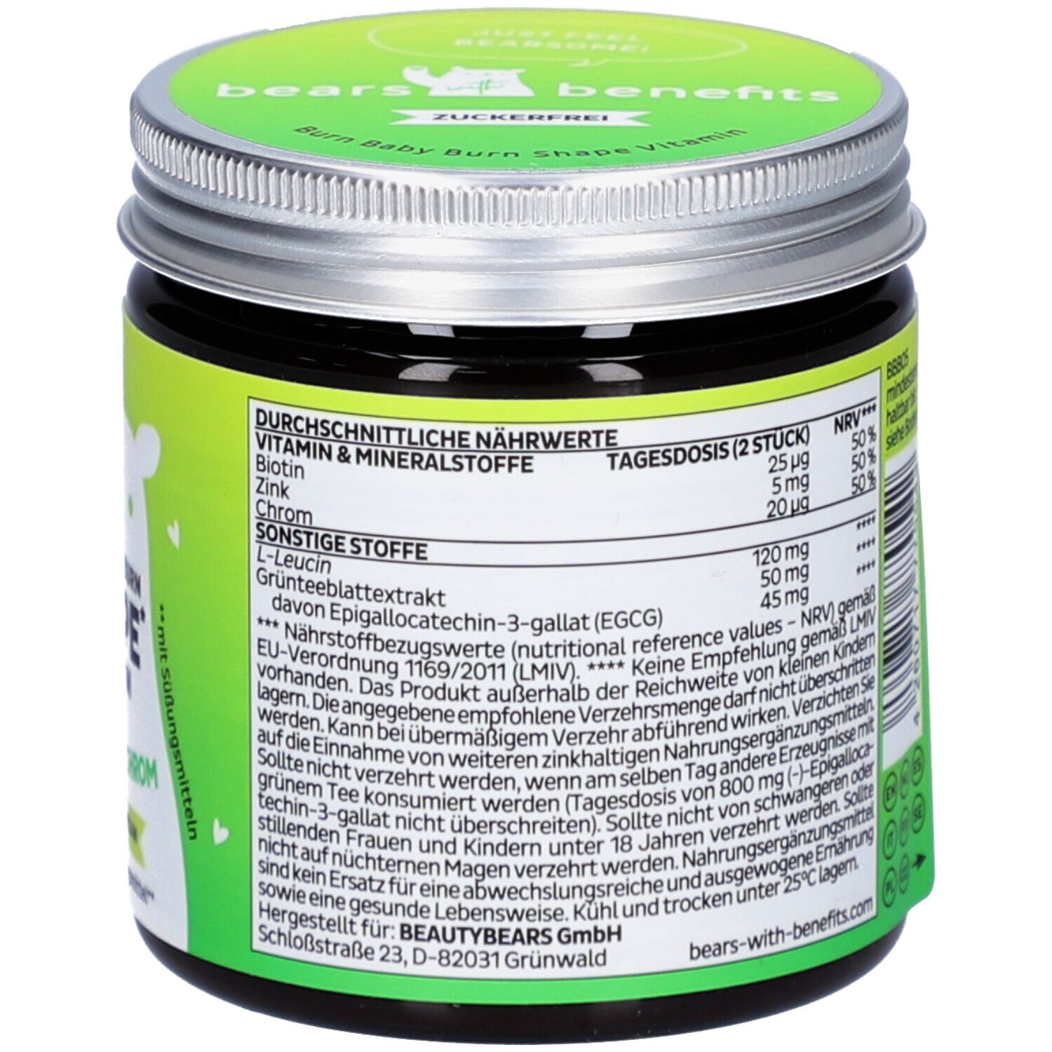 Dos du pot "Burn Baby Burn Shape Vitamin". Informations nutritionnelles, ingrédients. Étiquette verte, couvercle argenté.