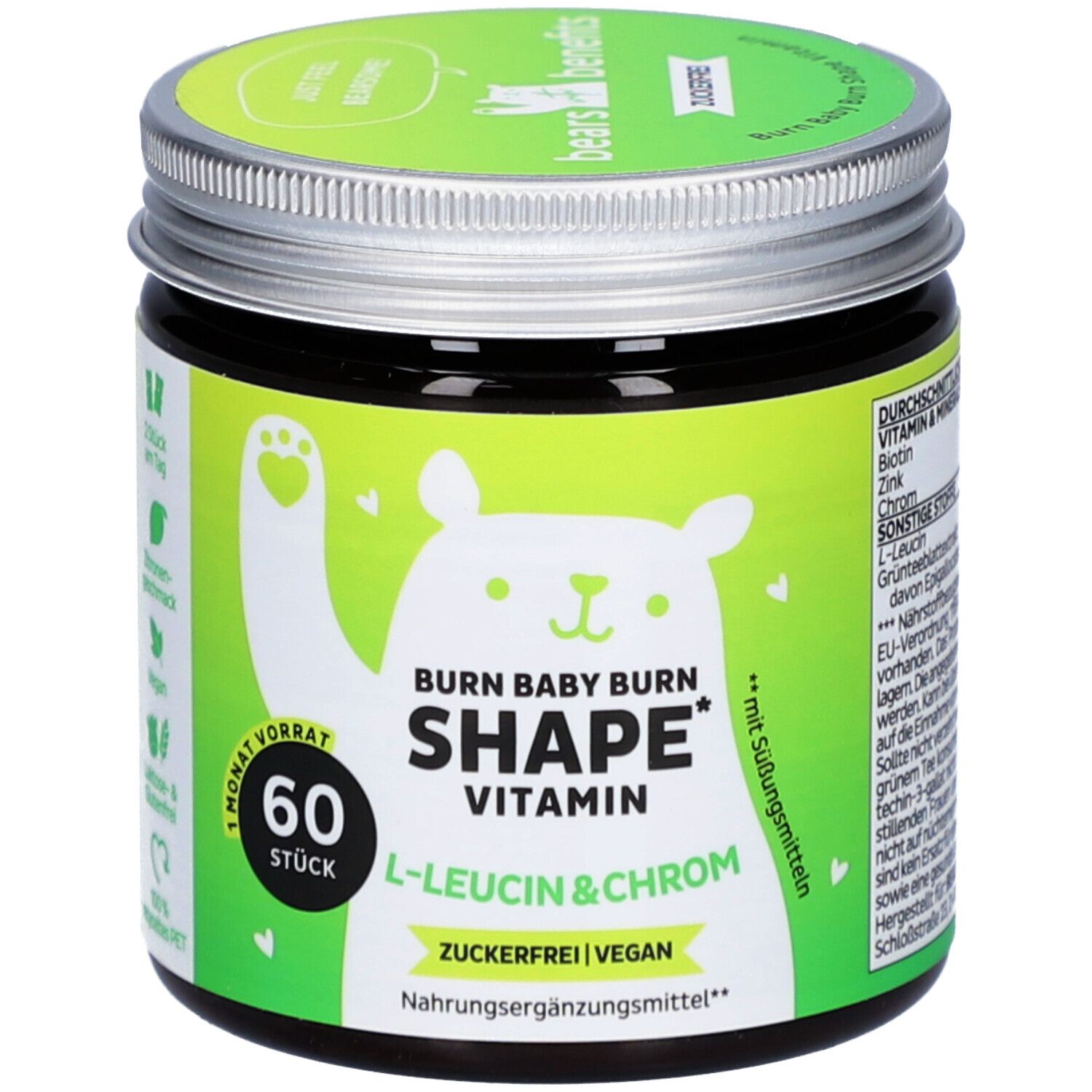 Pot "Burn Baby Burn Shape Vitamin". Étiquette verte, couvercle argenté. 60 pièces. L-Leucine & Chrome.
