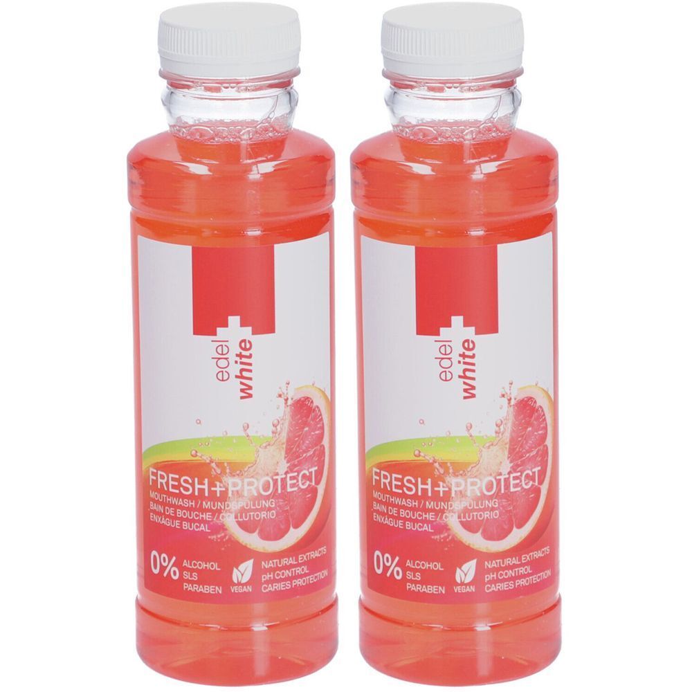 Deux bouteilles de bain de bouche avec bouchons blancs. Inscription : edel+white FRESH+PROTECT. Contient une illustration de pamplemousse. 0% alcool, sans parabène.