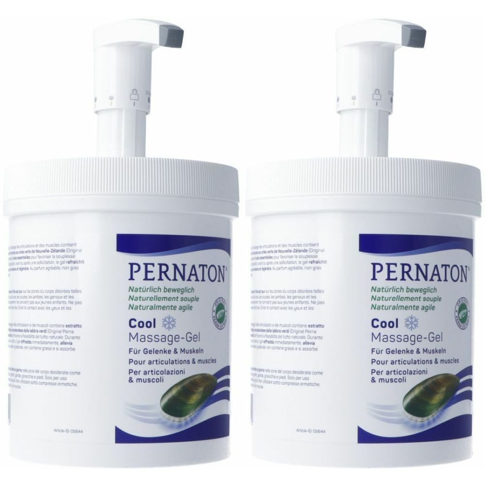 Deux flacons blancs avec pompe. Inscription PERNATON Cool Massage-Gel. Emballage vert et blanc avec informations.