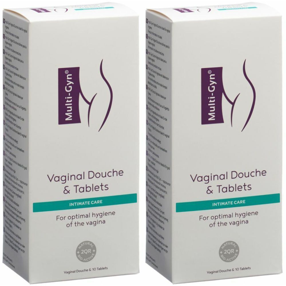 Deux boîtes de MULTI-GYN® Vaginal Douche & Tablets. Boîtes blanches avec logo et texte violets. Inscription : Soin intime, pour une hygiène optimale.