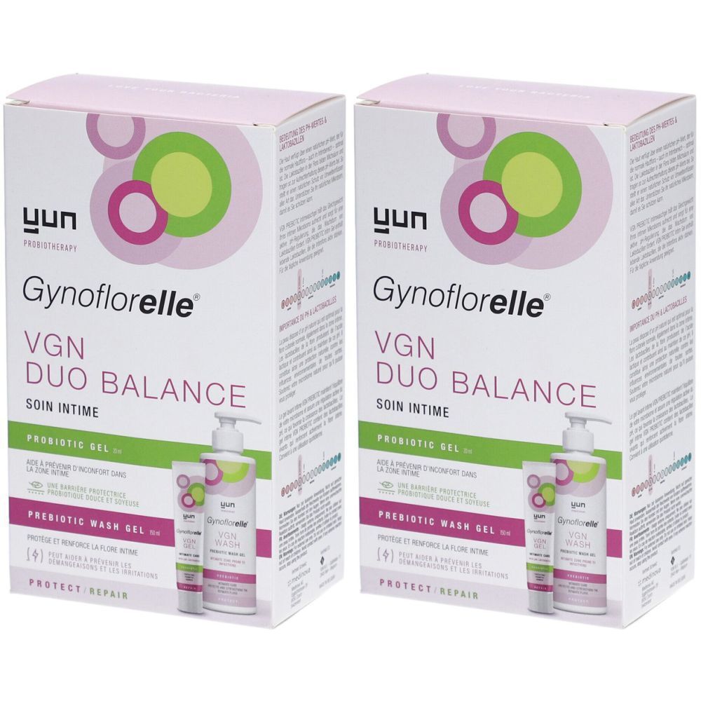 Deux boîtes de "Gynoflorelle VGN Duo Balance Soin intime". Inscriptions : logo, nom du produit, type de produit et autres informations.