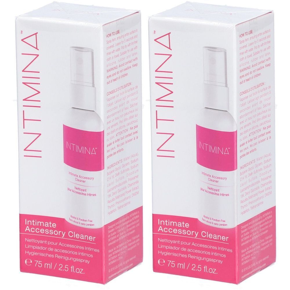Deux boîtes de nettoyant Intimina. Boîtes blanches avec des accents roses et des informations sur le produit. Flacons avec vaporisateur visibles.