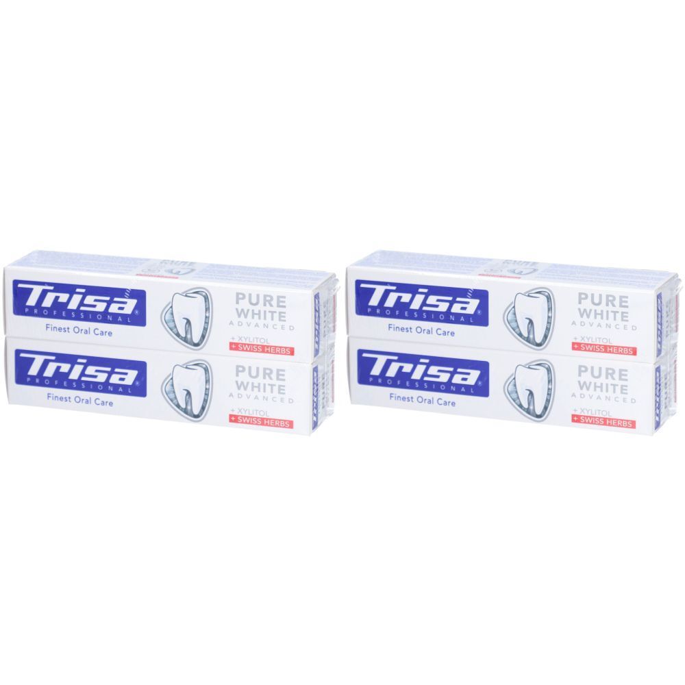 Deux boîtes de dentifrice blanc avec texte bleu. Inscription : Trisa, Pure White, Finest Oral Care. Symbole de dent.