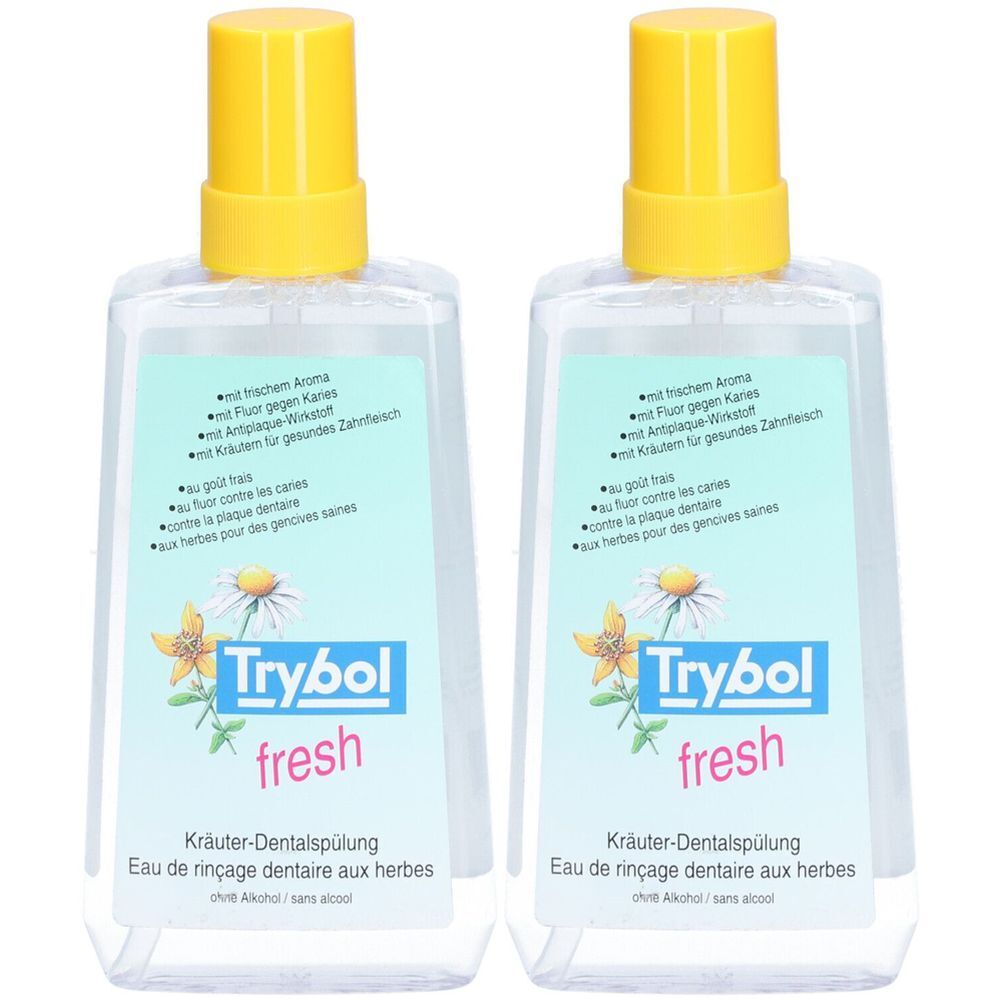 Deux flacons de bain de bouche TRYBOL Fresh. Liquide clair, tête de pulvérisation jaune. Inscription: Bain de bouche aux herbes, sans alcool.