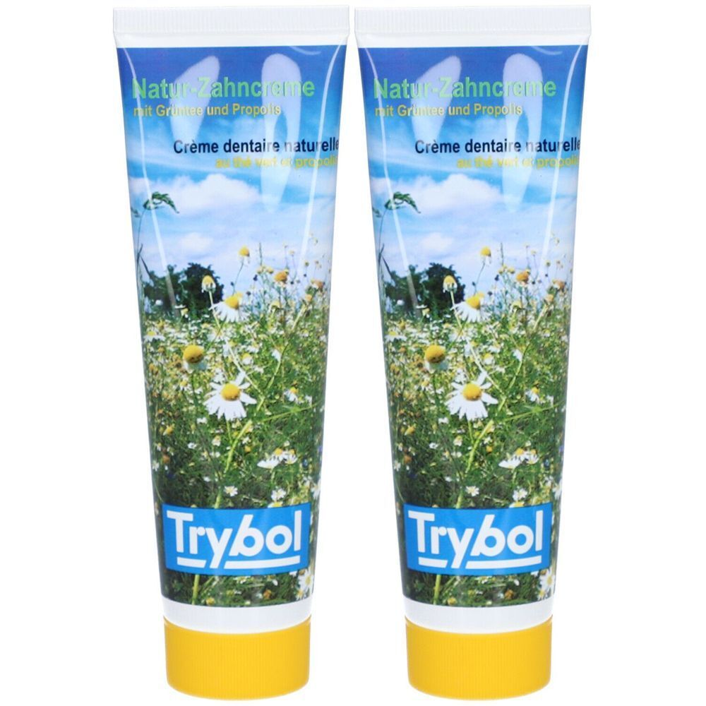 Deux tubes de dentifrice avec motif floral. Inscriptions bleues : Natur-Zahncrme, Creme dentaire naturel. Marque : Trybol.