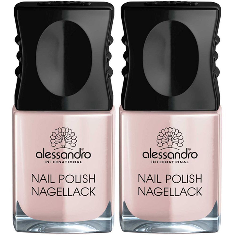 Deux flacons de vernis à ongles rose clair. Bouchon noir avec logo et texte : alessandro INTERNATIONAL, NAIL POLISH, NAGELLACK.