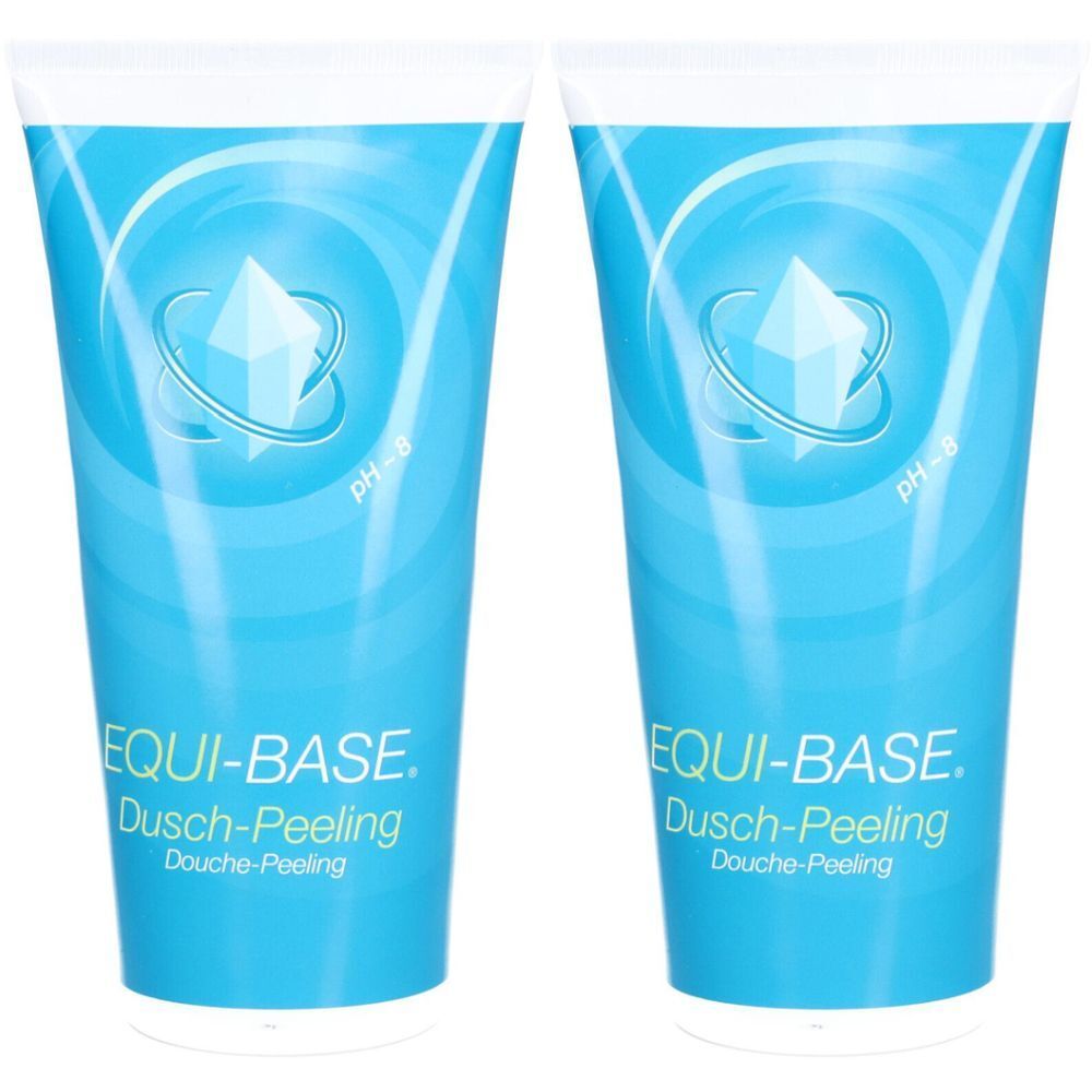 Deux tubes bleus de gel douche exfoliant EQUI-BASE. Chaque tube porte un logo avec un cristal et l'inscription pH-8.