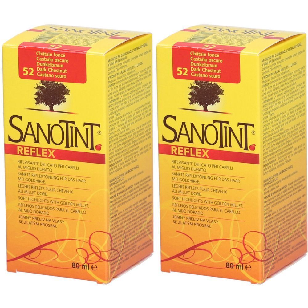 Deux boîtes de SANOTINT Reflex Reflexfarbe 52 Dunkelbraun. Emballage jaune avec nom du produit et indication de la couleur.