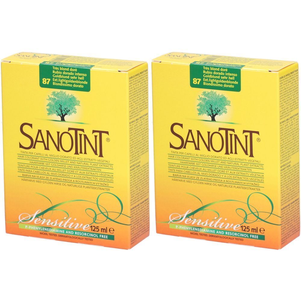 Deux boîtes jaunes. Inscription SANOTINT, Sensitive, 125 ml. Autocollants vert-doré avec le numéro de couleur 87.