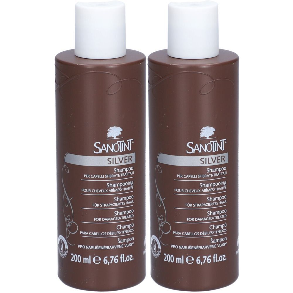 Deux flacons de shampooing bruns avec bouchons blancs. Inscription SANOTINT SILVER. Texte multilingue. 200 ml.