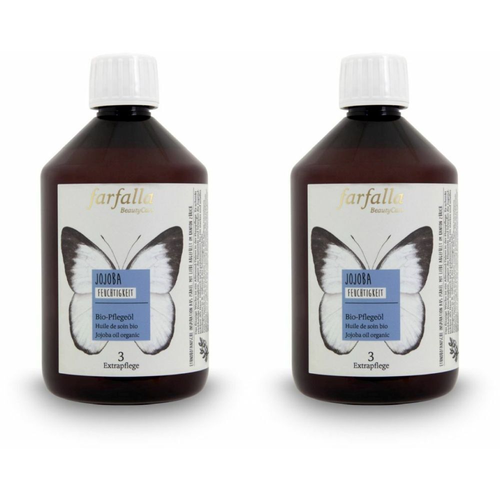 Deux flacons bruns avec bouchons blancs. Étiquette: farfalla, papillon, Jojoba, hydratant, huile de soin bio.