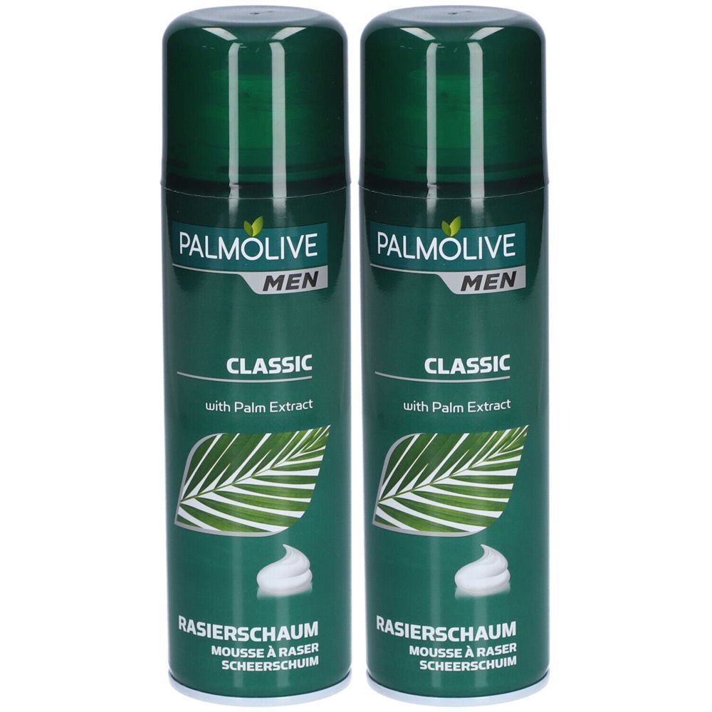 Deux bombes aérosols vertes de mousse à raser. Inscription: PALMOLIVE MEN CLASSIC, avec extrait de palme. En bas: Rasierschaum, Mousse à raser, scheerschuim.