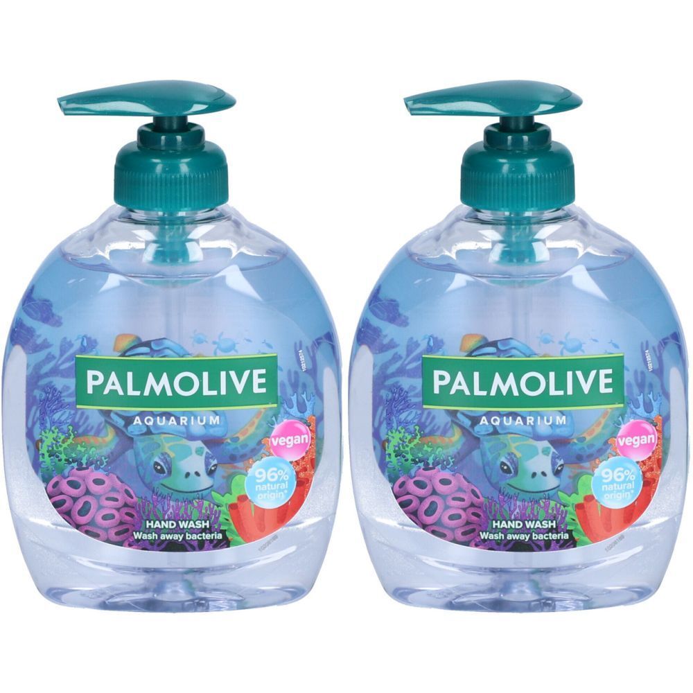 Deux distributeurs de savon transparents avec motif bleu et pompes vertes. Inscription: PALMOLIVE AQUARIUM, vegan, 96%.