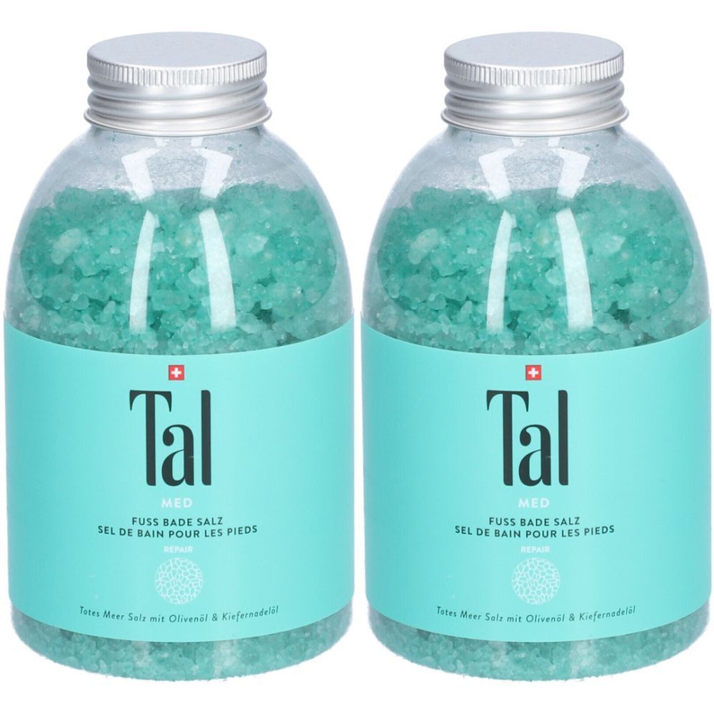 Deux flacons de sel de bain bleu-vert. Inscription : Tal, MED, FUSS BADE SALZ, SEL DE BAIN POUR LES PIEDS. Croix suisse.