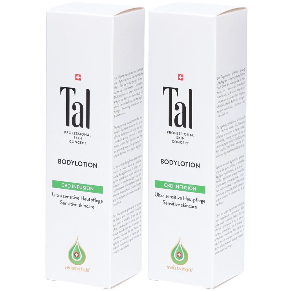 Deux boîtes blanches avec logo "Tal", Bodylotion, CBD Infusion. Texte: Ultra sensitive Hautpflege, Sensitive skincare. Logo Swissvitals.