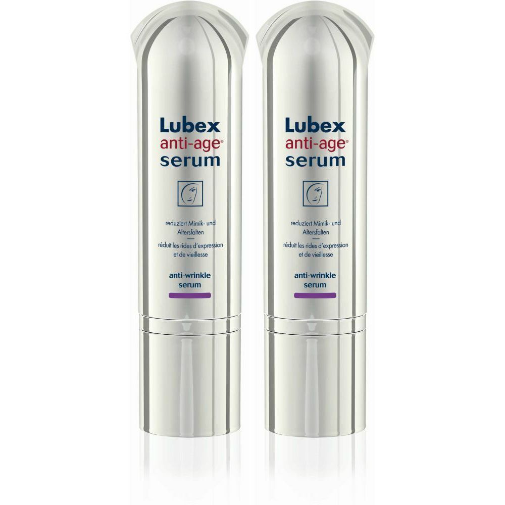 Deux flacons de sérum LUBEX Anti-Âge. Flacons argentés avec bouchons blancs. Inscription : Sérum anti-âge, réduit les rides.