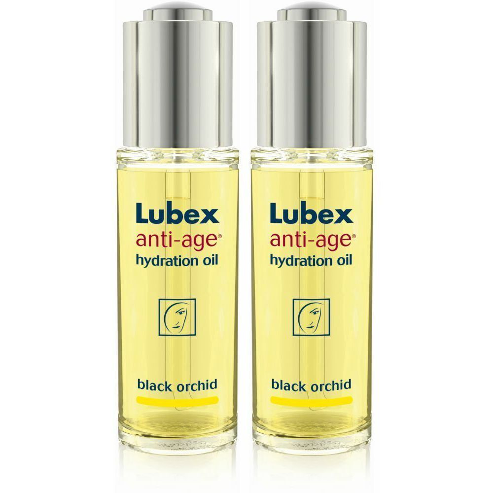 Deux flacons d'huile d'hydratation Lubex anti-âge®. Flacons en verre transparent avec bouchons argentés. Inscription : Lubex anti-âge® hydration oil, black orchid.