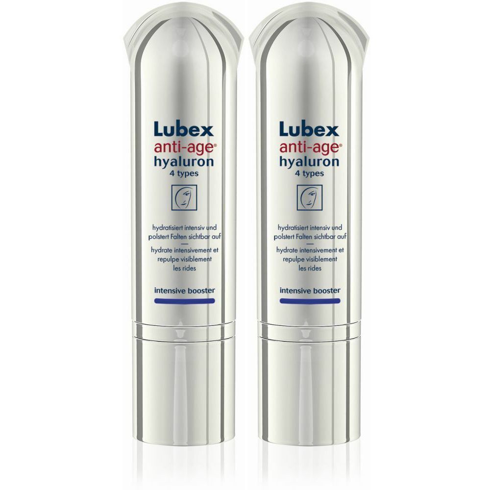 Deux flacons blancs et argentés. Inscription : Lubex anti-age hyaluron, 4 types. Avec bouchon transparent.