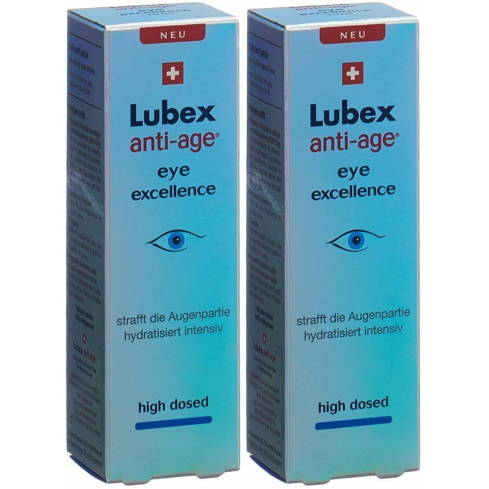 Deux boîtes bleues avec texte. Inscription: Lubex anti-age eye excellence. Illustration d'un œil et texte.