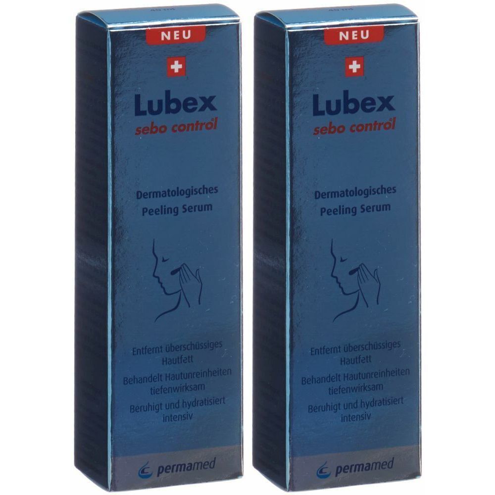Deux boîtes bleues avec "Lubex sebo control". Inscription "NEU" et "Dermatologisches Peeling Serum".