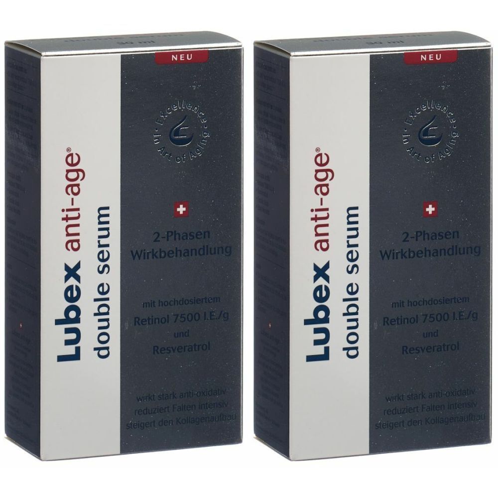 Deux boîtes de Lubex anti-age® double serum. Emballage noir et blanc avec un accent rouge. Texte: 2-Phasen Wirkbehandlung, Retinol, Resveratrol.