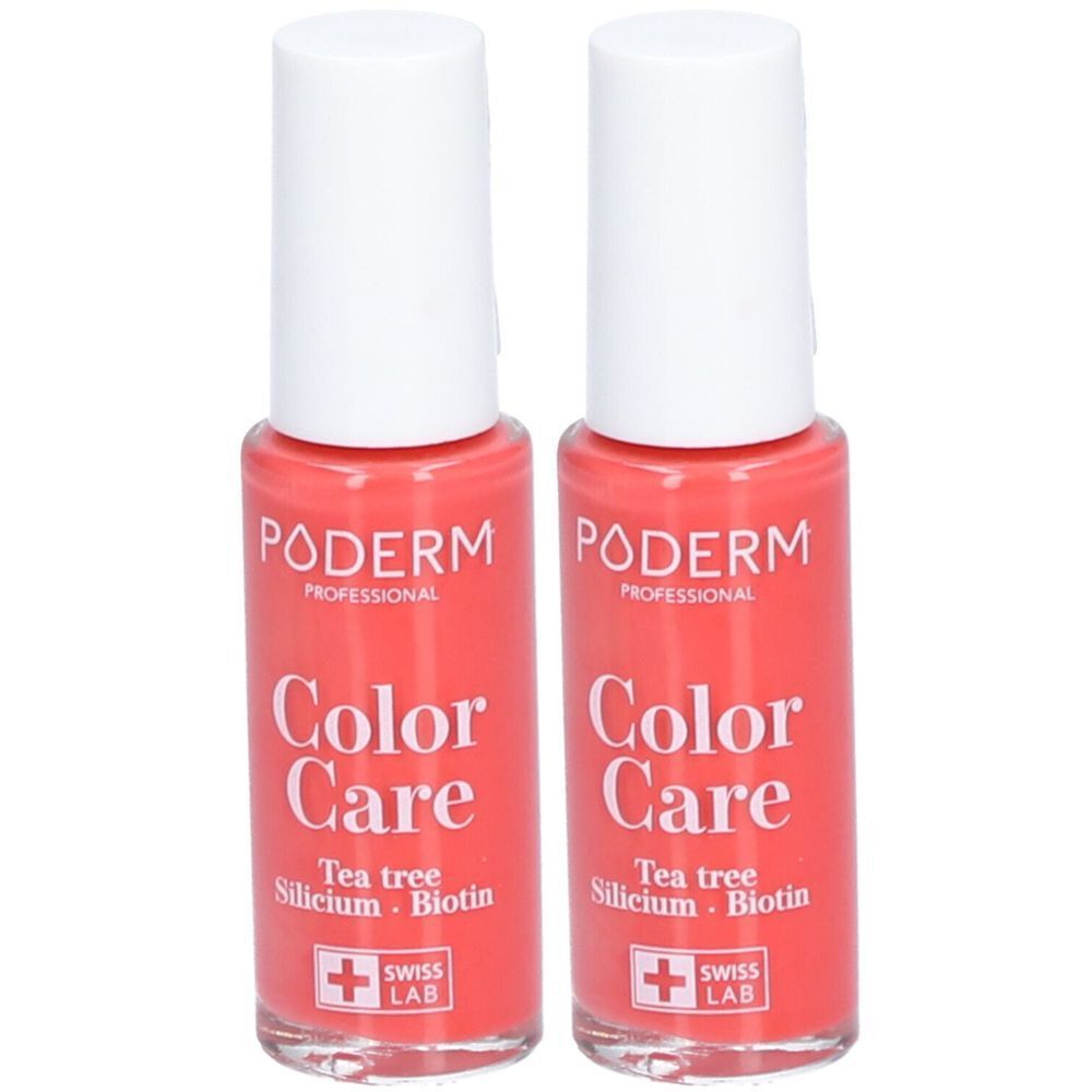 Deux flacons de vernis à ongles. Inscription: PODERM Color Care, Tea tree, Silicium, Biotin. Logo Swiss Lab.