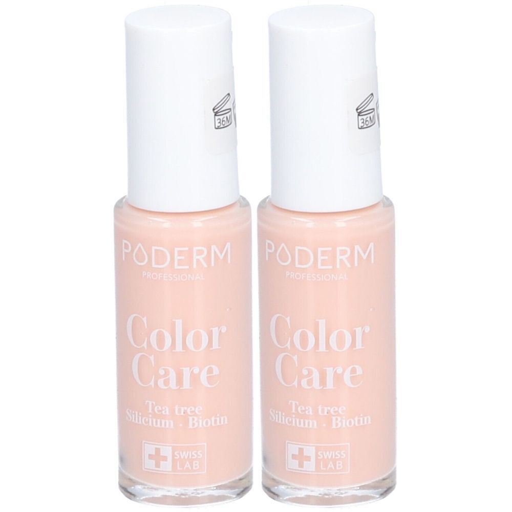 Deux flacons de vernis à ongles roses. Inscription : PODERM Color Care, Tea tree, Silicium, Biotin. Croix suisse.