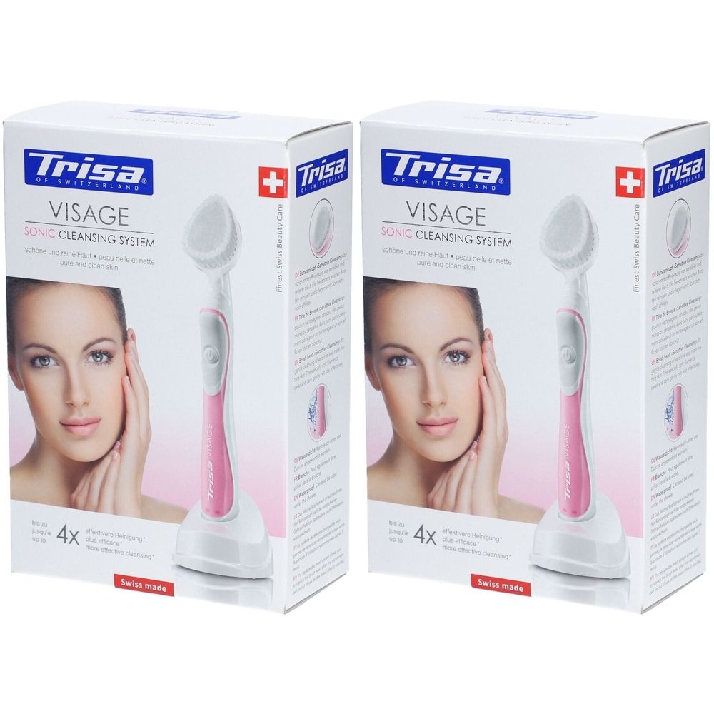 Deux boîtes de produit. Impression : Trisa Visage Sonic Cleansing System. Appareil de nettoyage rose et blanc.