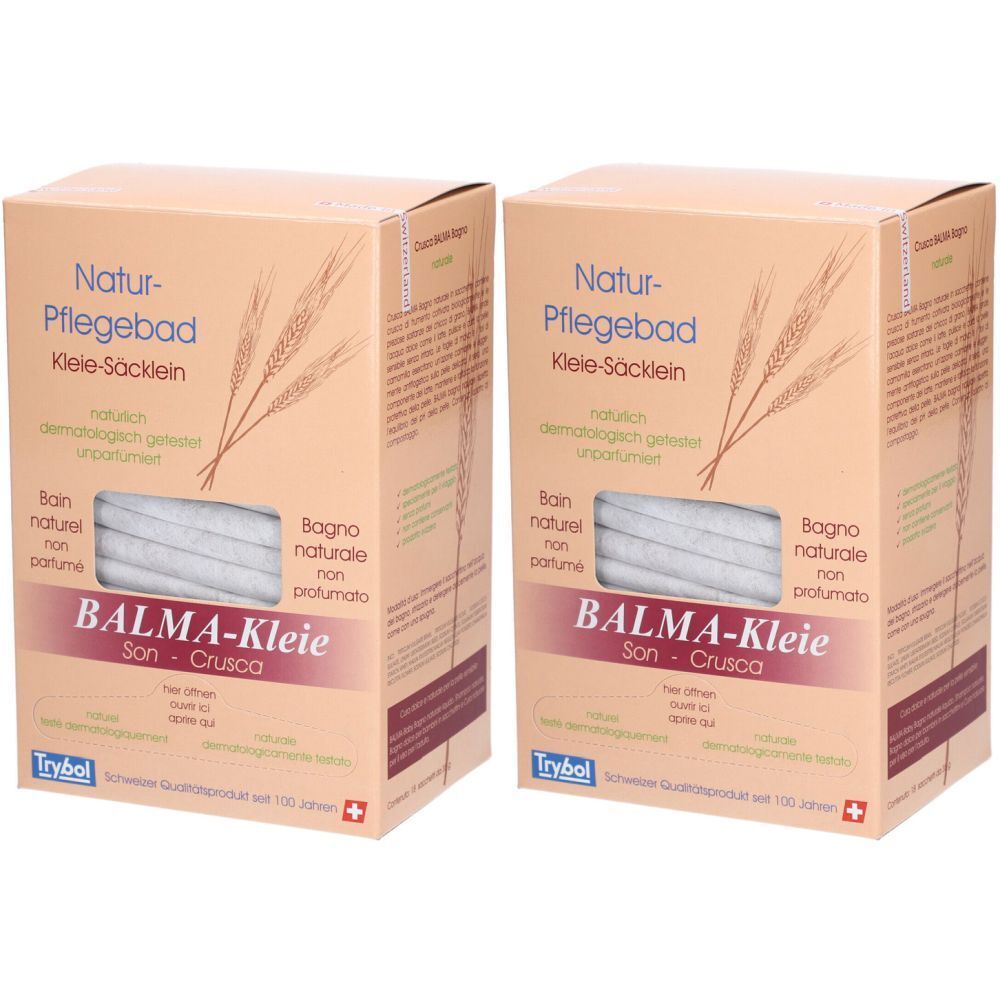 Deux boîtes avec impression de produit. Inscription : Natur-Pflegebad, BALMA-Kleie, sans parfum. Logo : Trybol. Produit de qualité suisse.