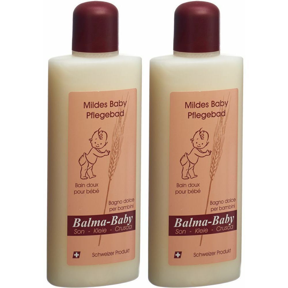 Deux flacons de bain pour bébé Balma-Baby. Flacons beiges avec bouchons marron et étiquettes avec texte et logo.