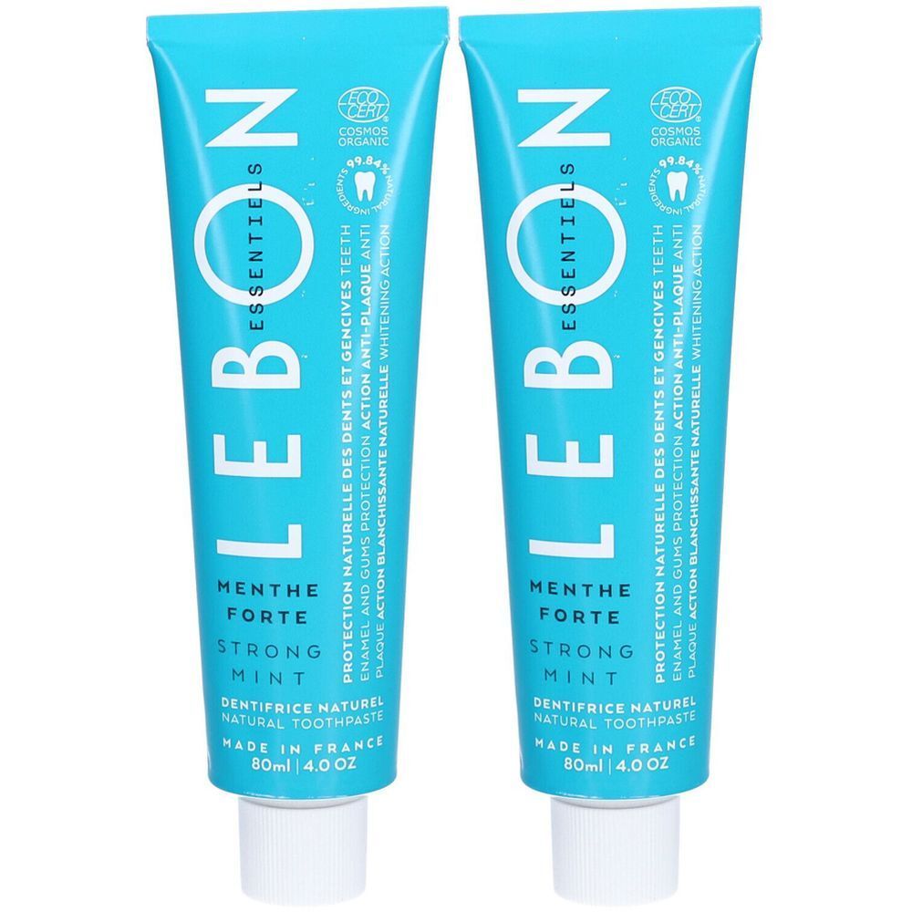 Deux tubes de dentifrice bleu clair. Inscription: LEBON ESSENTIELS, Menthe Forte, Strong Mint. Certifié bio. 80ml/4.0 OZ. Fabriqué en France.