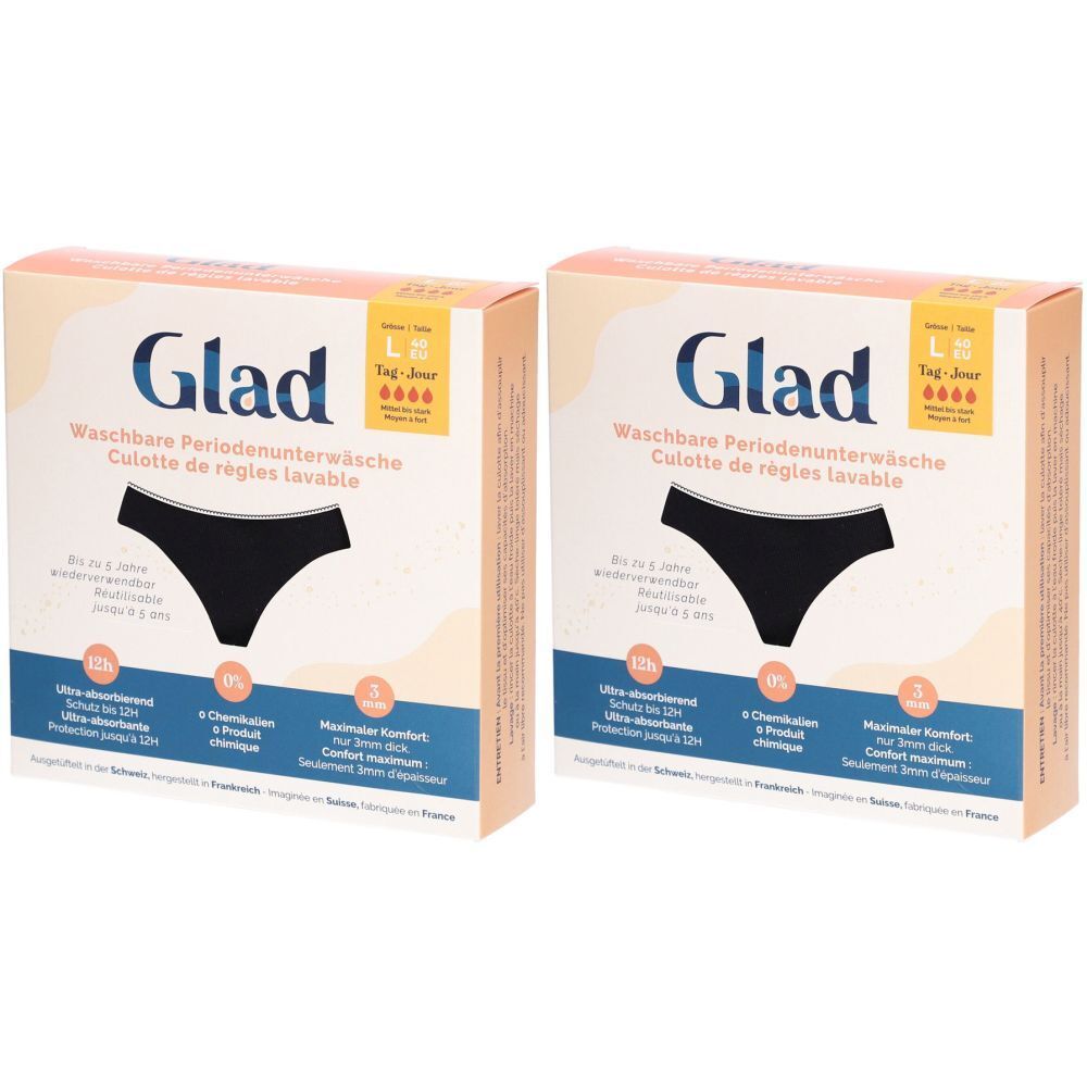 Deux boîtes de culottes menstruelles noires. Inscription : Glad, Waschbare Periodenunterwäsche, Culotte de règles lavable.
