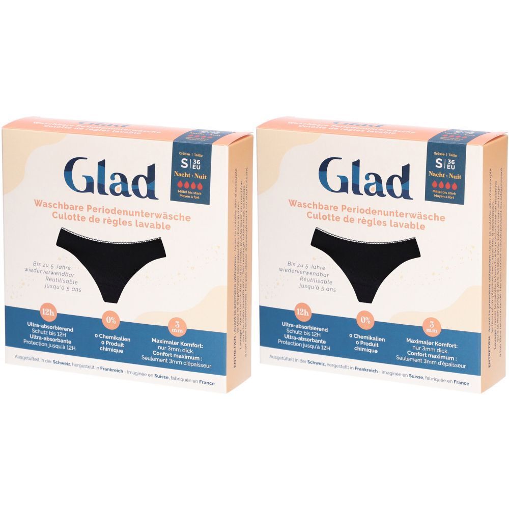 Deux boîtes de culottes menstruelles GLAD. Culotte noire représentée. Texte: Culotte de règles lavable, S, Nuit, flux abondant.