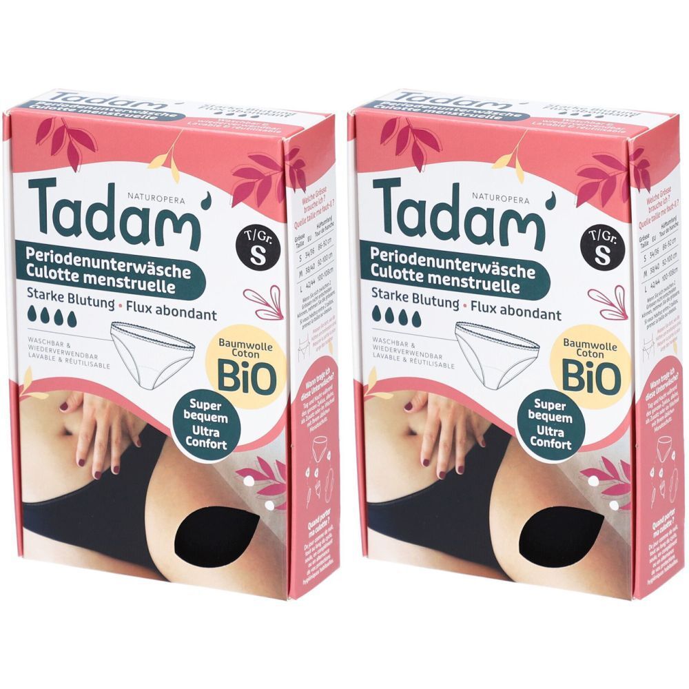 Deux boîtes de culottes menstruelles Tadam, taille S. Inscription : coton bio. Illustration d'une culotte. Texte : Flux abondant, Super confortable, Ultra confort.