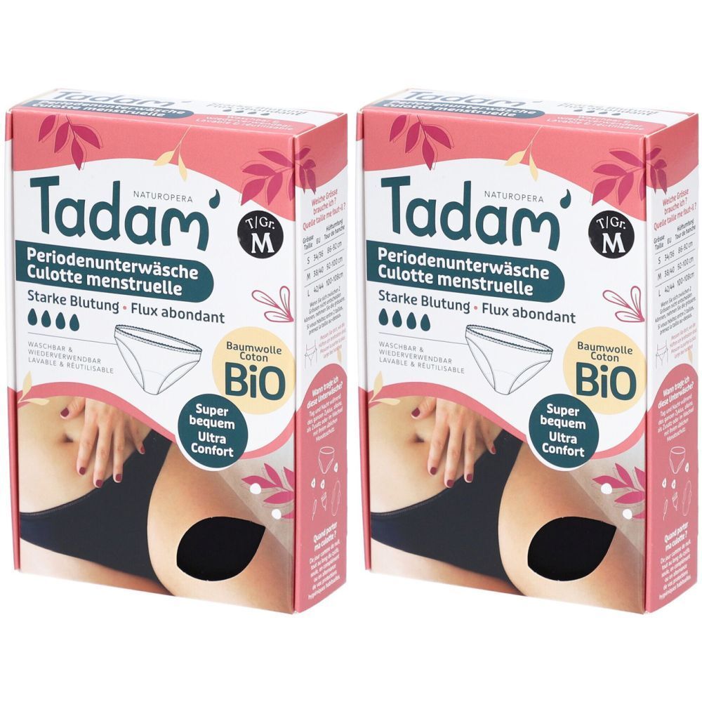 Deux boîtes de culottes menstruelles Tadam, taille M. Inscriptions : coton bio, Super confortable Ultra Confort. Illustration d'une femme en sous-vêtements.