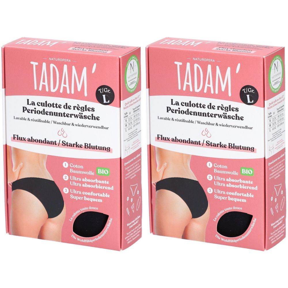 Deux boîtes roses avec culottes menstruelles noires. Inscription: TADAM, La culotte de règles, taille L, flux abondant.