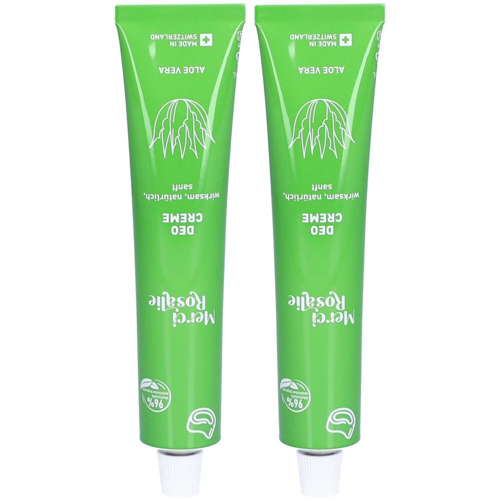 Deux tubes verts de crème déodorante Merci Rosalie. Inscription : Aloe Vera, efficace, naturelle, douce. Avec croix suisse.