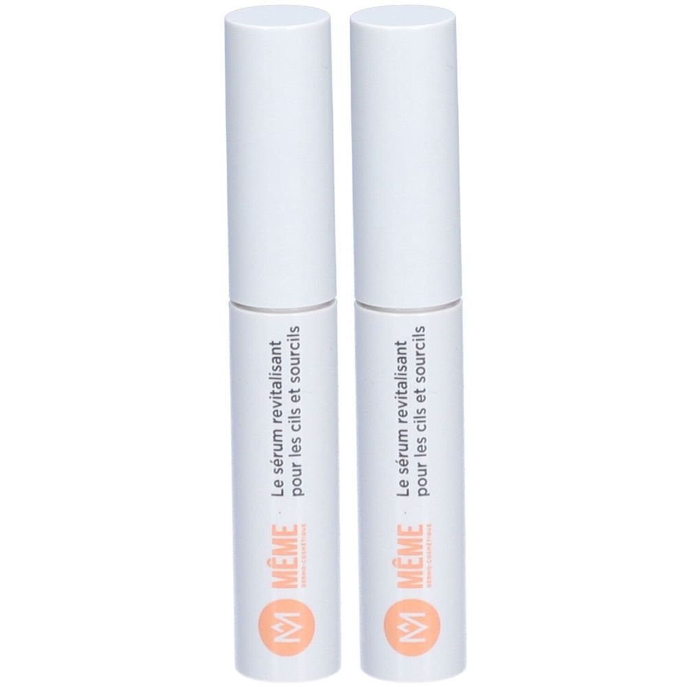 Deux flacons blancs. Inscription : MÊME, Le sérum revitalisant pour les cils et sourcils.