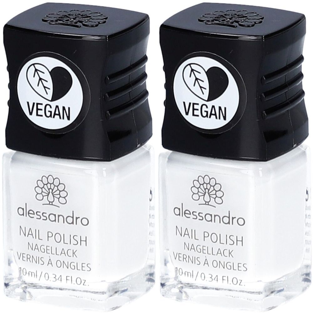 Deux flacons de vernis à ongles blancs. Forme carrée, bouchon noir avec logo Vegan. Marque : alessandro. 10ml/0.34 Fl.Oz.