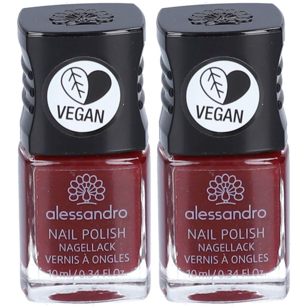Deux flacons de vernis à ongles Velvet Red. Bouchon noir avec logo Vegan. Marque: alessandro. Inscription: Nail Polish, Vernis à Ongles.