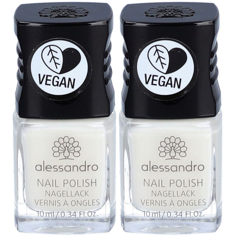 Deux flacons de vernis à ongles blanc. Bouchon noir avec logo Vegan. Inscription : alessandro, Nail Polish, 10 ml.