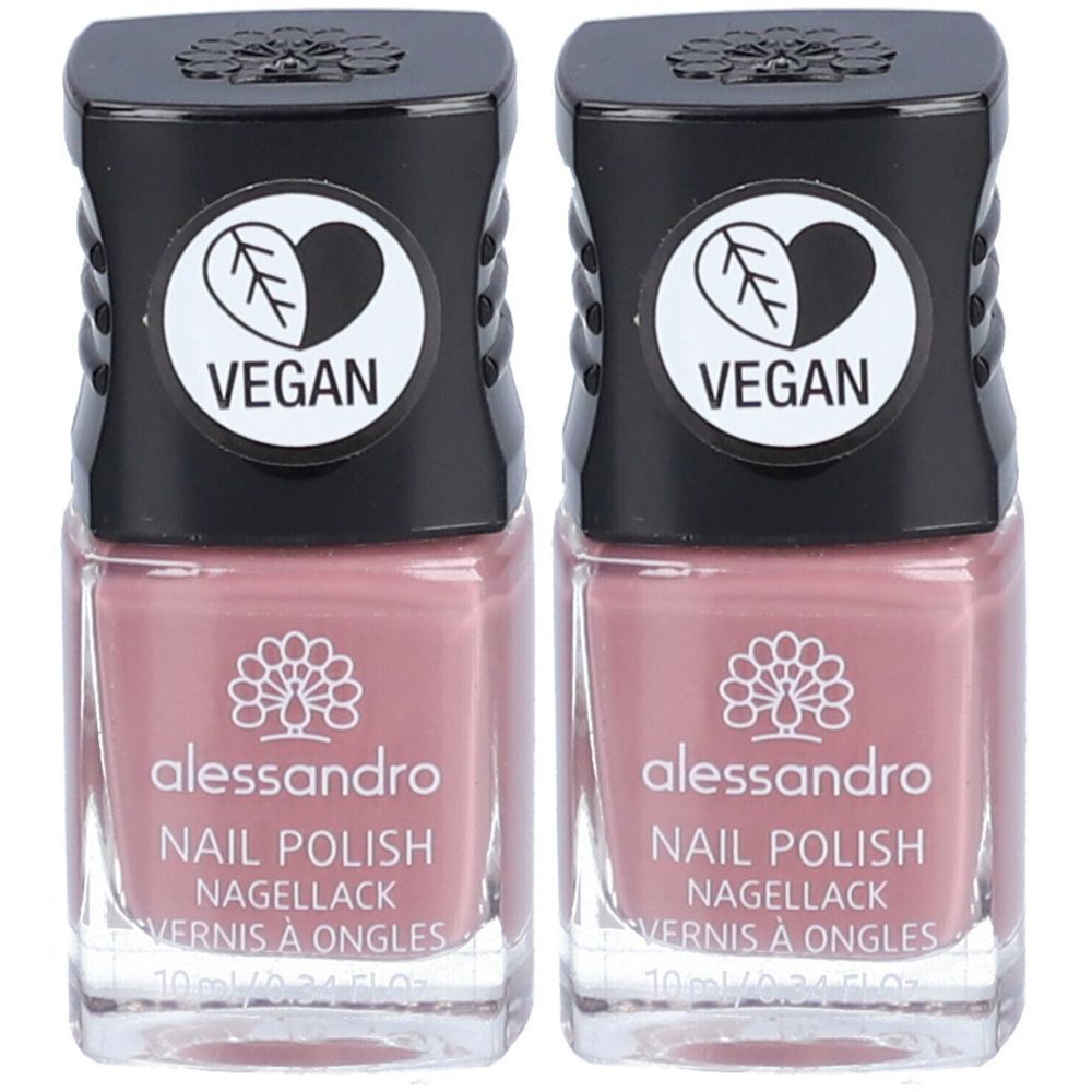 Deux flacons de vernis à ongles roses. Bouchon noir avec logo Vegan. Marque : alessandro. Inscription : Nail Polish, Nagellack, Vernis à Ongles.