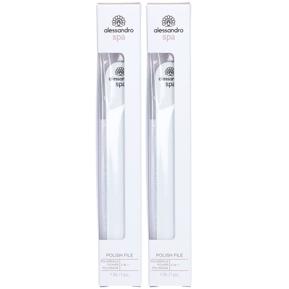 Deux emballages blancs avec le logo alessandro spa. Contient une lime à polir. Inscription : Polish File.