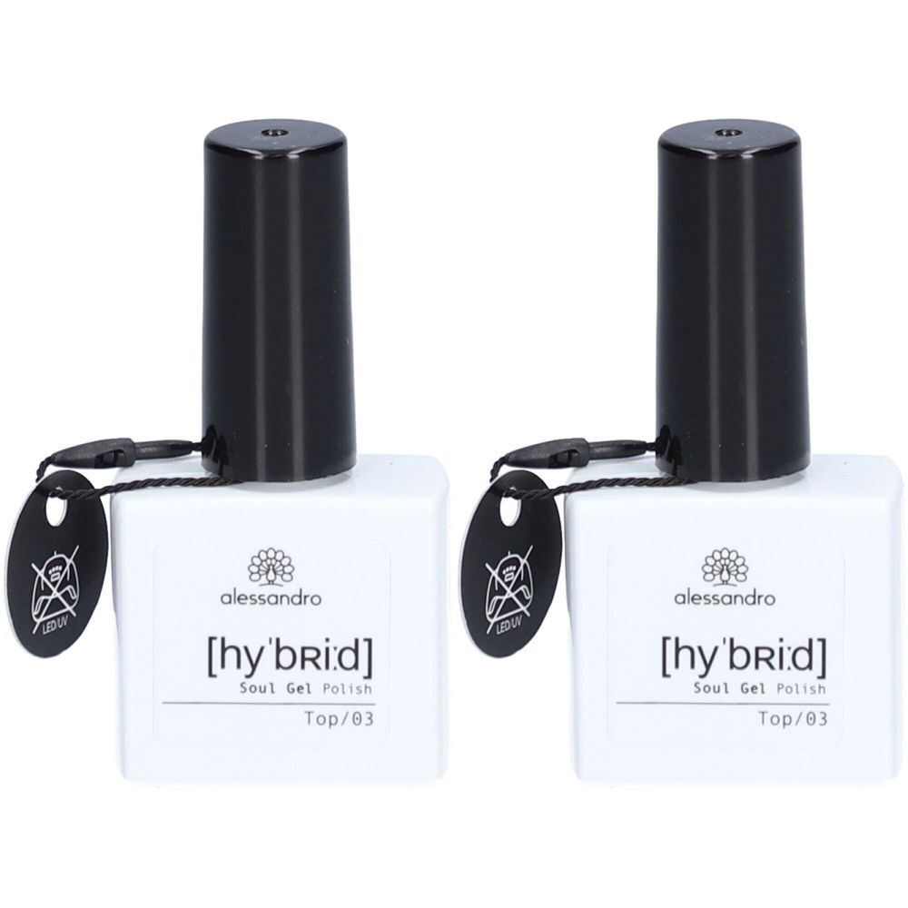 Deux flacons de vernis à ongles alessandro [hy'br:id] Soul Gel Polish Top/03. Flacons carrés blancs avec bouchon noir et étiquette.