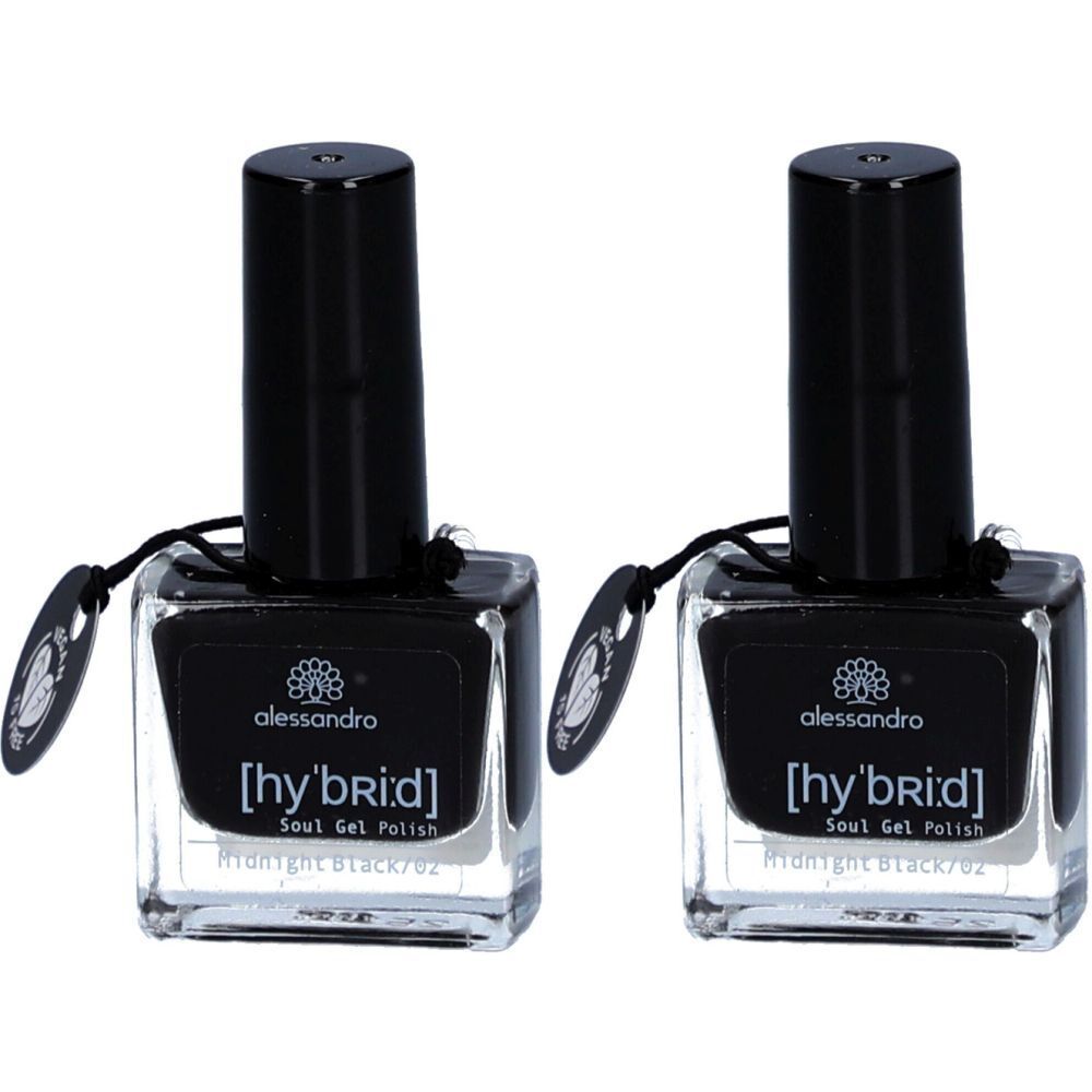 Deux flacons de vernis à ongles noirs, forme carrée, bouchon noir. Inscription : alessandro, [hy'bri:d], Soul Gel Polish, Midnight Black/02.
