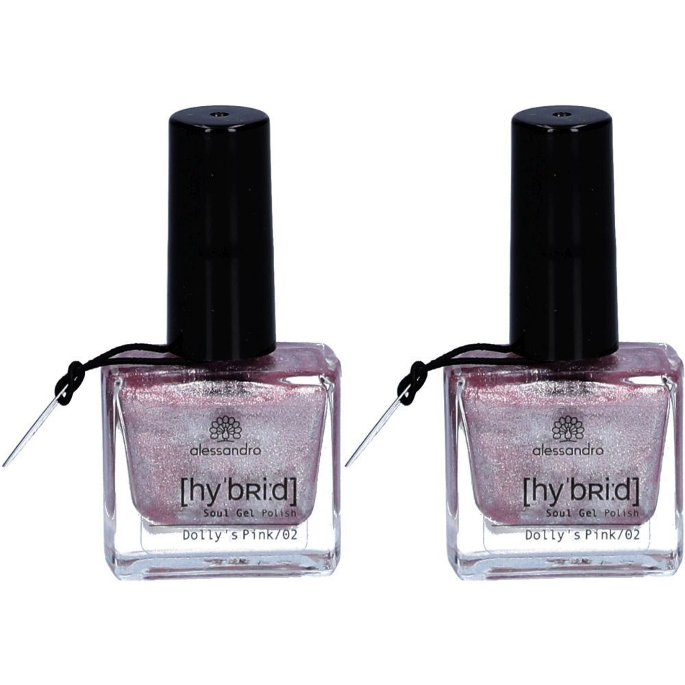 Deux flacons de vernis à ongles rose scintillant, bouchon noir. Inscription : alessandro [hybrid] Dolly's Pink/02.
