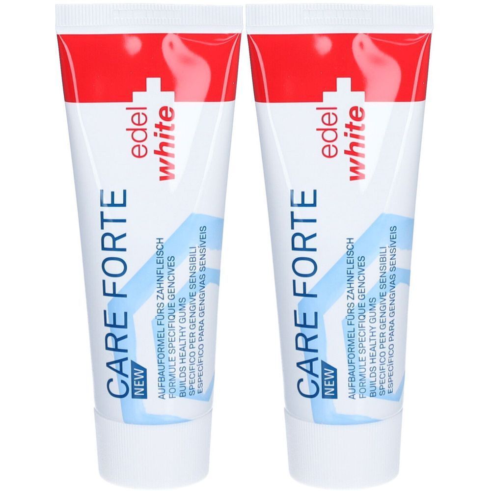 Deux tubes de dentifrice. Blanc, rouge et bleu. Inscription : CARE FORTE, edel white. Formule pour gencives.