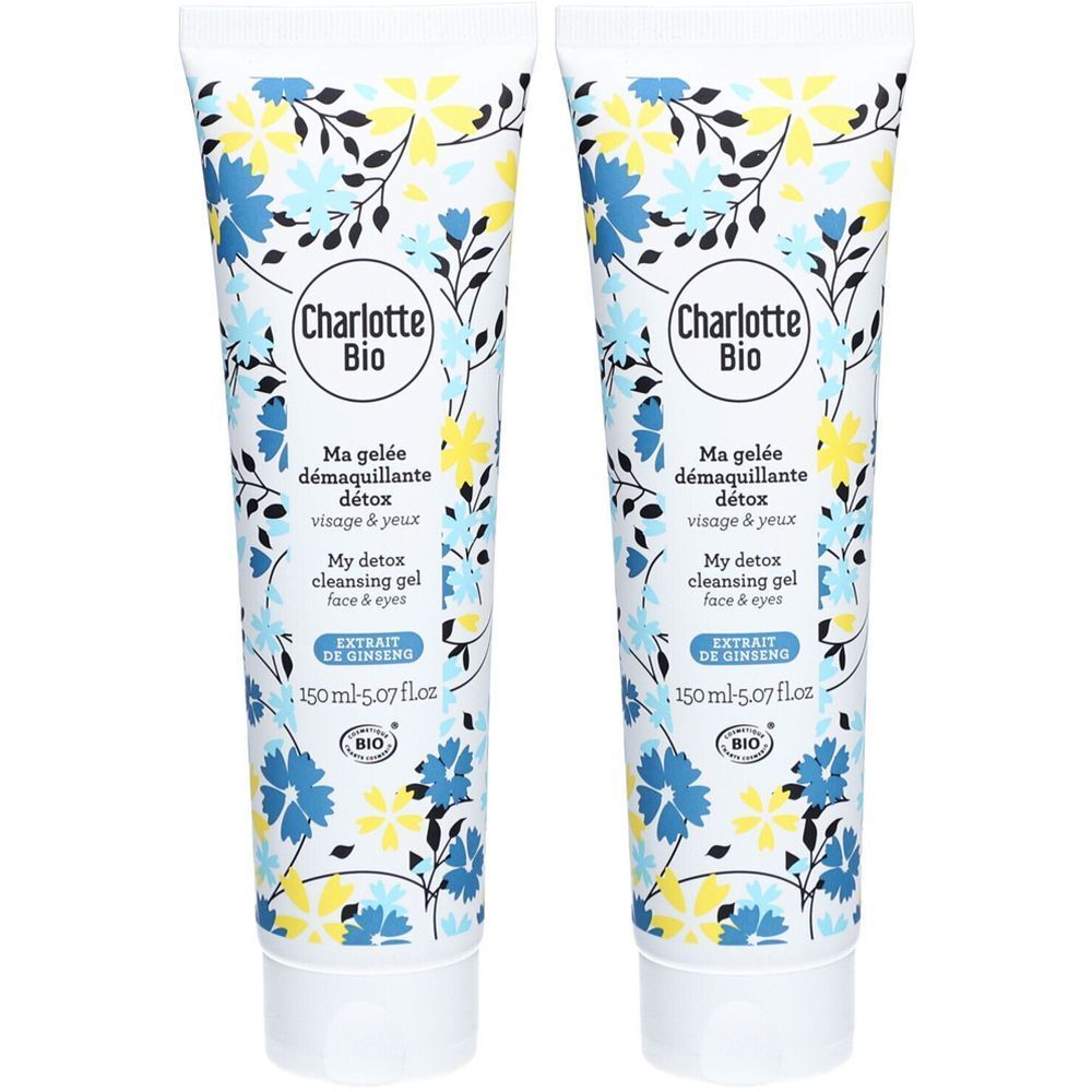 Deux tubes de gel nettoyant avec motif floral. Inscription: Charlotte Bio, Ma gelée démaquillante détox, visage & yeux, 150 ml, label BIO.