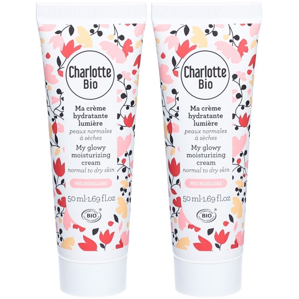 Deux tubes de crème pour le visage avec motif floral. Inscription: Charlotte Bio, Ma crème hydratante lumière, 50ml, label BIO.